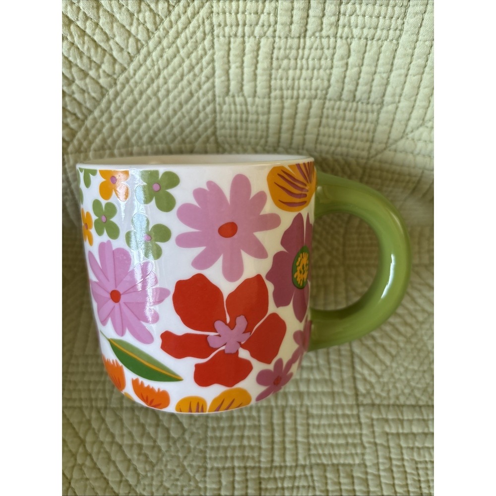 Retro Floral Coffee Mug Green Handle Colorful Flowers Ceramic Hippie FlowerPower